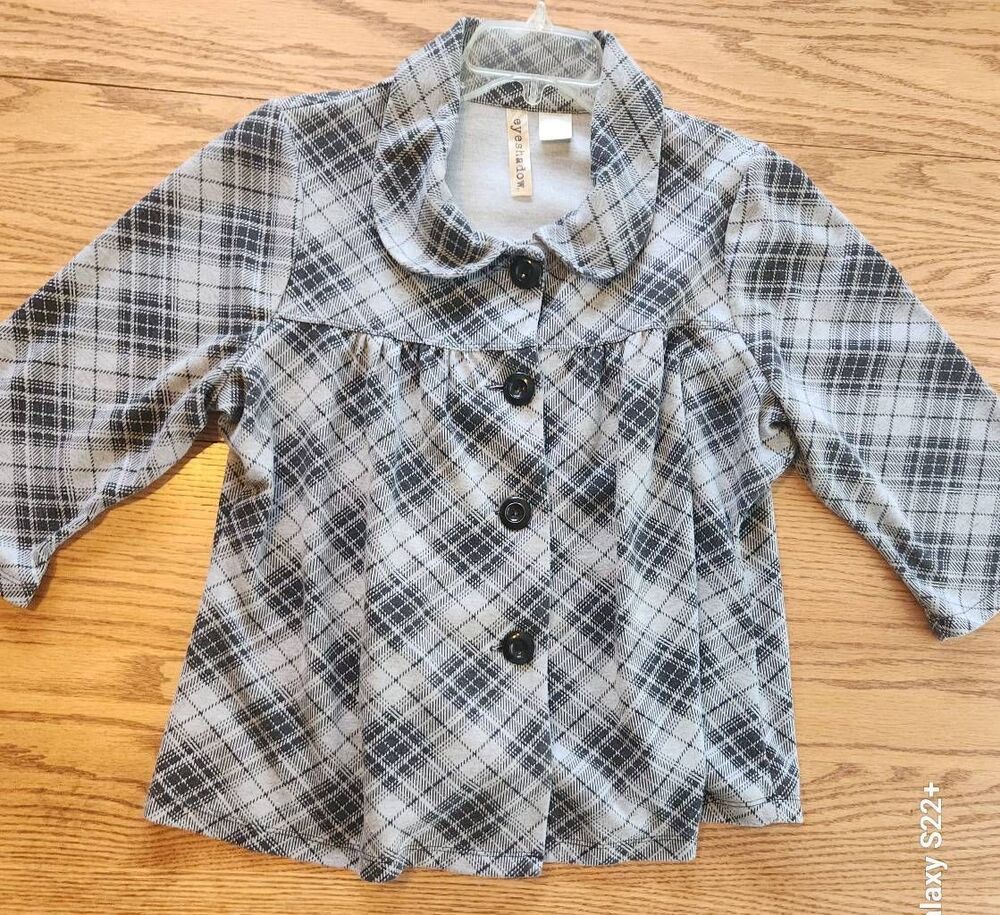 J31 Eyeshadow black/gray plaid peplum jacket 3/4 sleeve & Peter Pan collar Sz18/